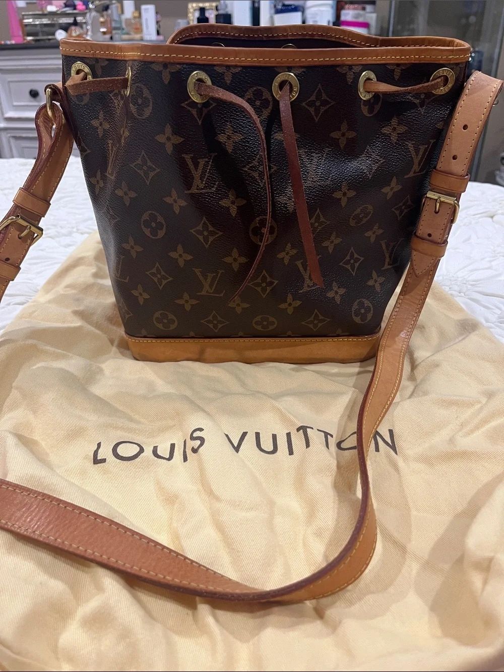 Louis Vuitton Monogram Drawstring Bucket Shoulder Bag in Brown and Tan